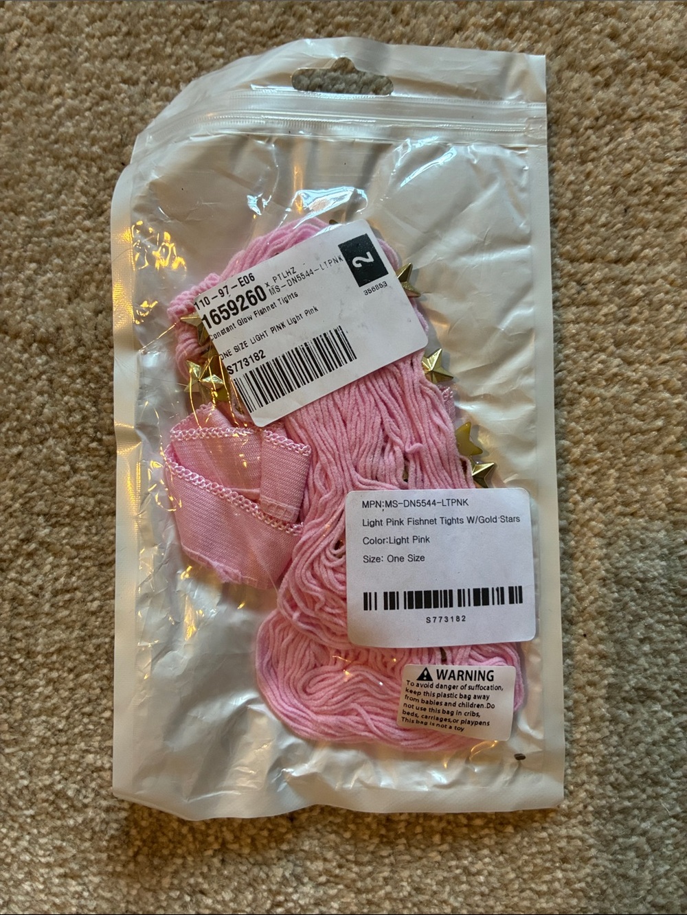 NWT Constant Glow Light Pink Fishnet Tights with Gold Stars - One Size